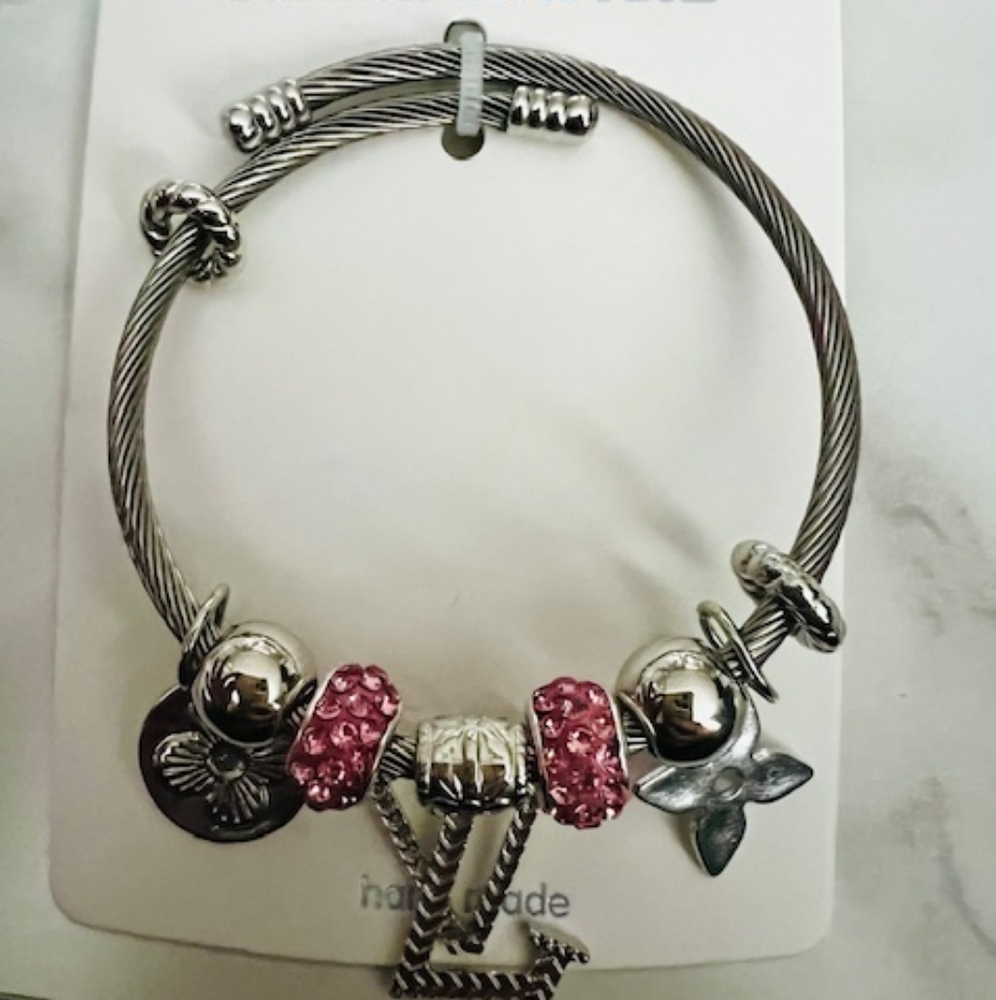 Elegant Stainless Steel and Pink Charm LV Bracelet - Picture 2 of 2